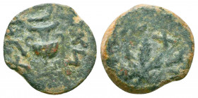 Judaea, The Jewish War. AE Prutah 66-70 CE. Jerusalem, year 2 (Paleo-Hebrew) amphora with broad rim and two handles. Reverse the freedom of Zion, vine...