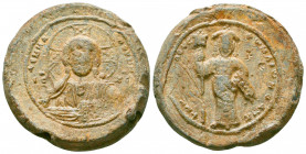 Constantinos X Doukas lead seal (1059-1067).

Obverse: Facial bust of Jesus Christ with cruciger nimbus, each arm of which containing a decoration con...