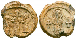 Herakleios, Herakleios Constantine and Heraklonas lead seal
(638-641).

Obverse: The Mother of God standing facial, nimbate, wearing maphorion and chi...