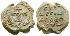 Byzantine lead seal of George honorary eparch
(8th cent.)
Obverse: Eagle with open wings to right, invocative cruciform monogram over its head, resolv...