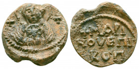Byzantine lead seal of bishop Marinos
(7th cent.)
Obverse: Facial bust of the Mother of God, nimbate, wearing maphorion and chiton and holding Jesus C...