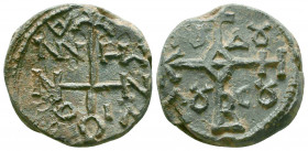 Byzantine lead seal of officer Nonnos son of Menas
(7th cent.)
Obverse: : Invocative cruciform monogram inscribed in the corners, resolved as, ΘΕΟΤΟΚΕ...