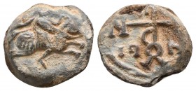 Byzantine lead seal of Andreas cubicularius
(6th cent.)
Obverse: A man with long hair (seemingly the owner of the seal) riding on a horse to left, h...