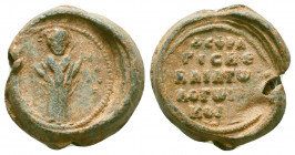 Byzantine lead seal of Nicholaos officer
(ca 11th cent.)

Obverse: Saint bishop Nicholaos of Myrrha standing facial, nimbate, wearing prelate's garmen...