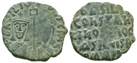 Basil II Bulgaroktonos and Constantine VIII, joint reign. 976-1025. AE follis.
Reference:
Condition: Very Fine

Weight: 5.0 gr
Diameter: 24 mm