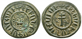 Levon I AE Tank Cilician Armenia 1301-1307 AD. Bearded leonine head of Levon I facing, weariung crown with dots; clockwise legend / Patriarchal cross ...