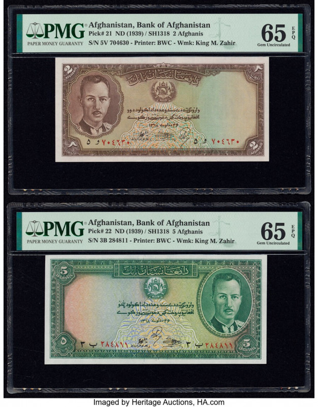 Afghanistan Bank of Afghanistan 2; 5 Afghanis ND (1939) / SH1318 Pick 21; 22 Two...