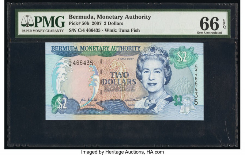 Bermuda Monetary Authority 2 Dollars 7.5.2007 Pick 50b PMG Gem Uncirculated 66 E...