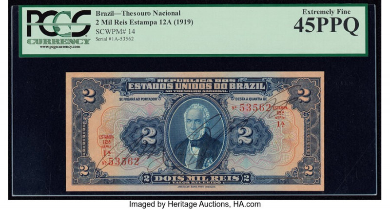Brazil Thesouro Nacional 2 Mil Reis ND (1919) Pick 14 PCGS Extremely Fine 45PPQ....