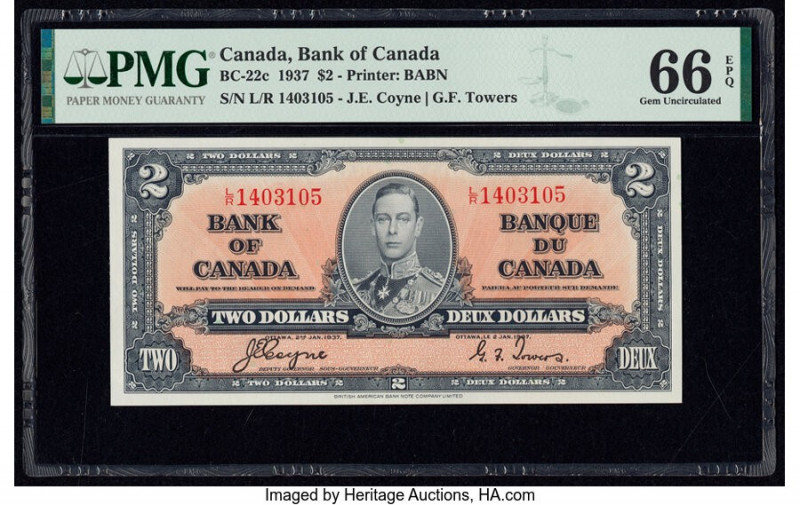 Canada Bank of Canada $2 2.1.1937 Pick 59c BC-22c PMG Gem Uncirculated 66 EPQ. 
...