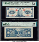 China Central Bank of China 5 Yuan 1945 Pick 389s1; 389s2 Front and Back Specimen PMG Uncirculated 62. Pervious mounting, red Specimen overprints and ...