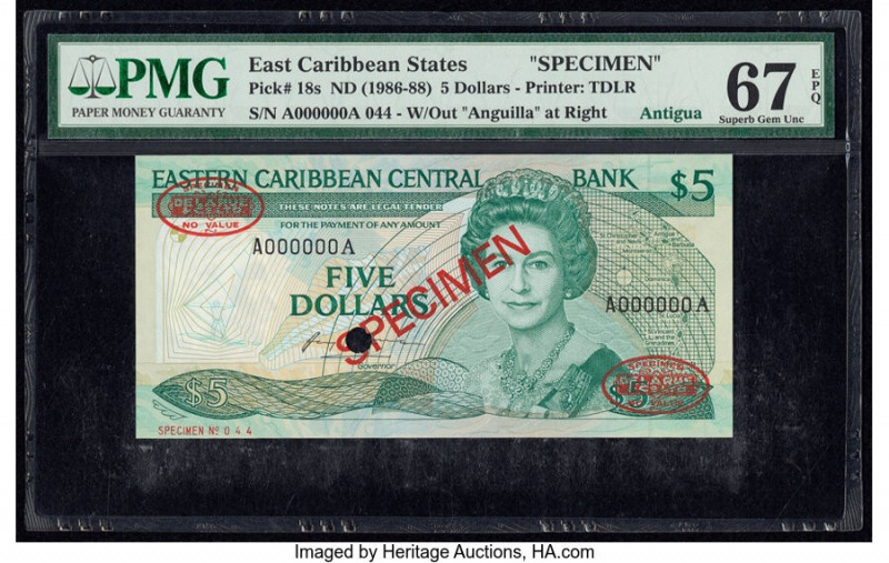 East Caribbean States Central Bank 5 Dollars ND (1986-88) Pick 18s Specimen PMG ...