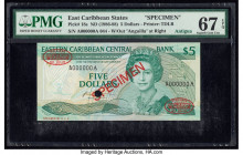 East Caribbean States Central Bank 5 Dollars ND (1986-88) Pick 18s Specimen PMG Superb Gem Unc 67 EPQ. Red Specimen & TDLR overprints along with one P...