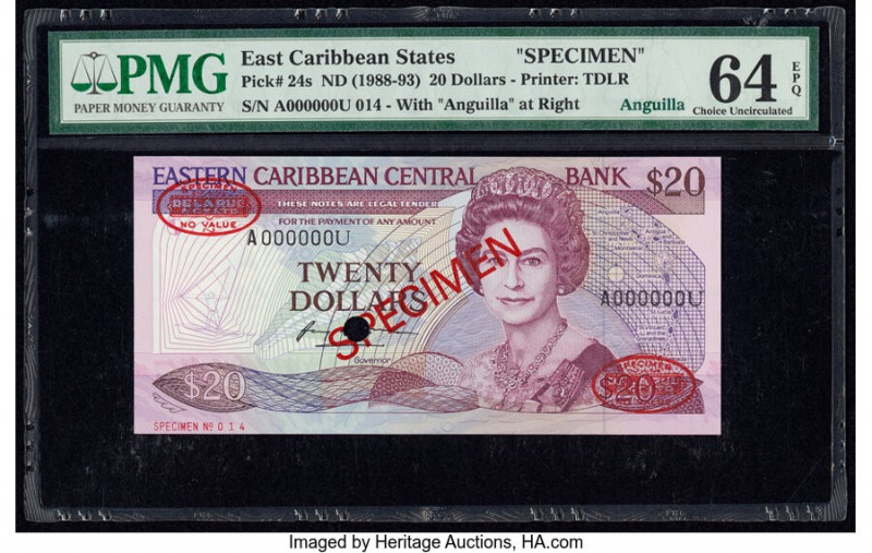 East Caribbean States Central Bank 20 Dollars ND (1988-93) Pick 24s Specimen PMG...