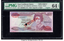 East Caribbean States Central Bank 20 Dollars ND (1988-93) Pick 24s Specimen PMG Choice Uncirculated 64 EPQ. Red Specimen & TDLR overprints along with...