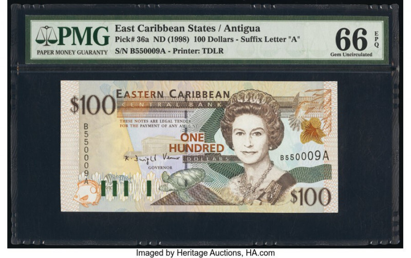 East Caribbean States Central Bank, Antigua 100 Dollars ND (1998) Pick 36a PMG G...