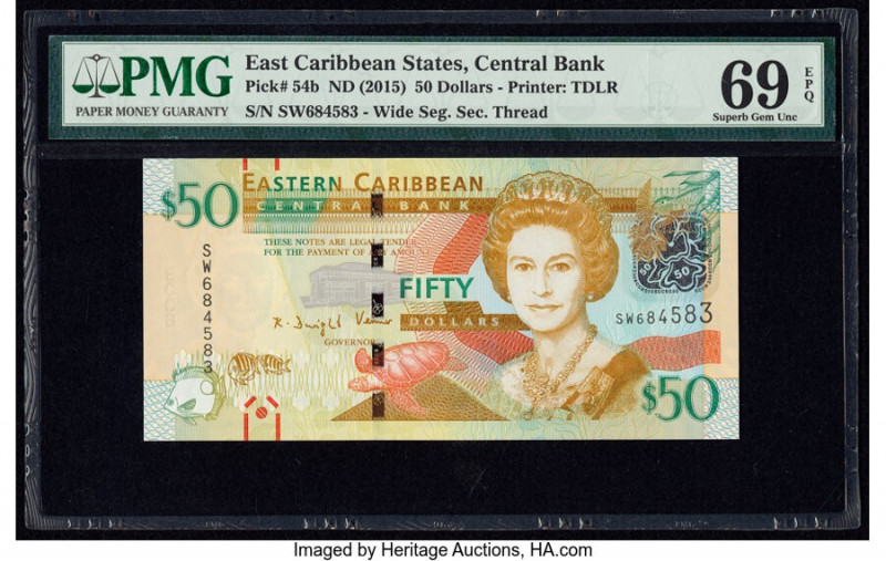East Caribbean States Central Bank 50 Dollars ND (2015) Pick 54b PMG Superb Gem ...