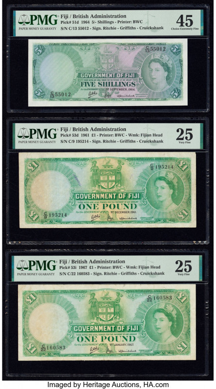 Fiji Government of Fiji 5 Shillings; 1 Pound (2) 1.9.1964; 1.12.1961; 1.1.1967 P...