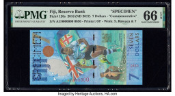 Fiji Reserve Bank of Fiji 7 Dollars 2016 (ND 2017) Pick 120s Commemorative Specimen PMG Gem Uncirculated 66 EPQ. Roulette Specimen punch is visible in...
