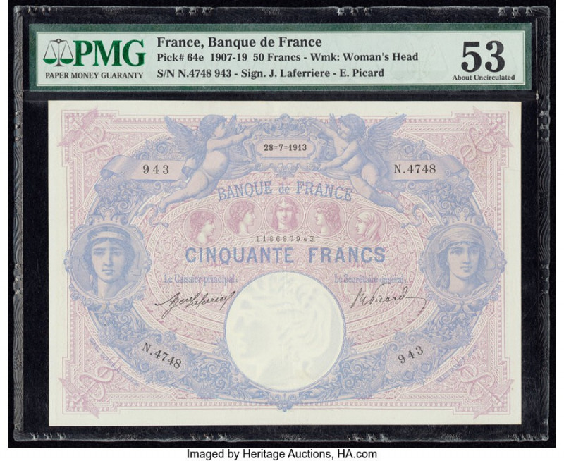 France Banque de France 50 Francs 28.7.1913 Pick 64e PMG About Uncirculated 53. ...