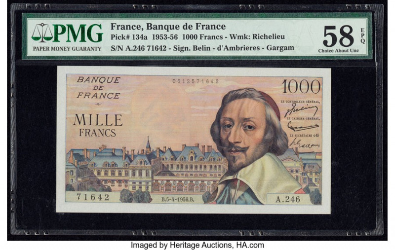 France Banque de France 1000 Francs 5.4.1956 Pick 134a PMG Choice About Unc 58 E...