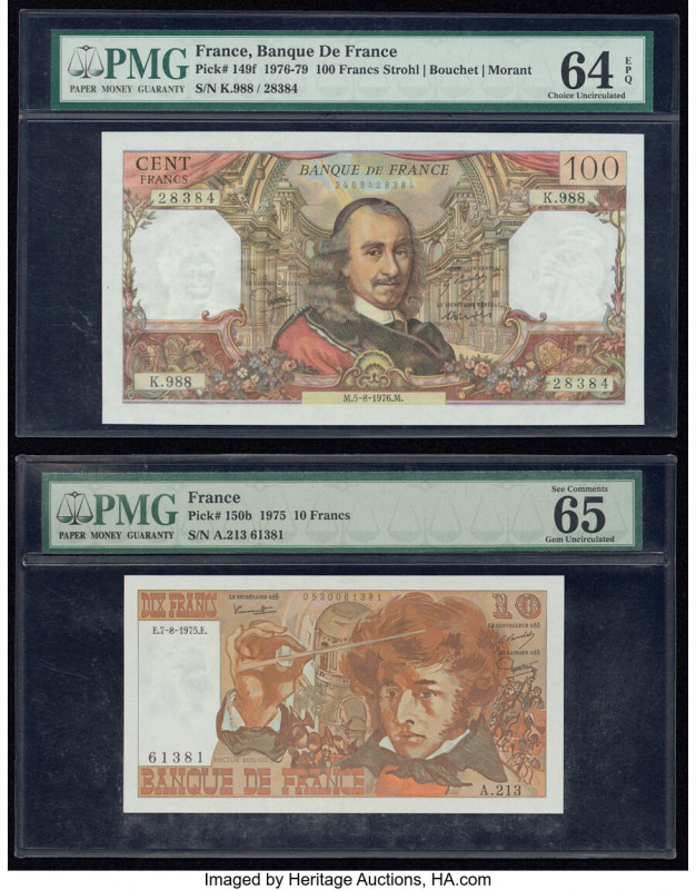 France Banque de France 100; 10 Francs 5.8.1976; 7.8.1975 Pick 149f; 150b Two Ex...