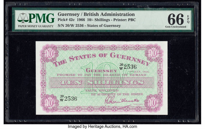 Guernsey States of Guernsey 10 Shillings 1.7.1966 Pick 42c PMG Gem Uncirculated ...