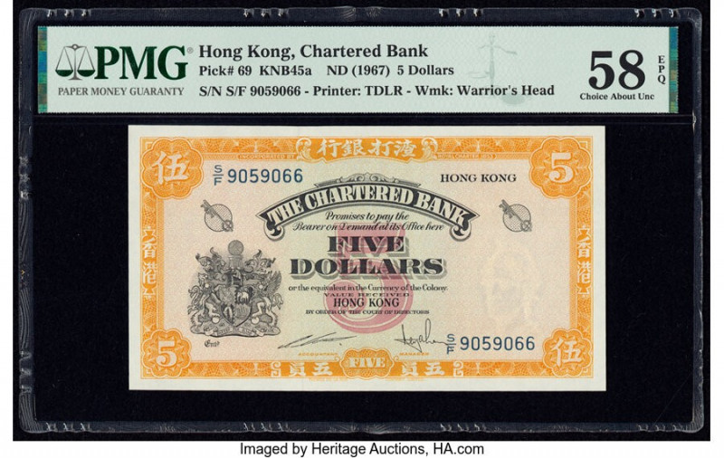 Hong Kong Chartered Bank 5 Dollars ND (1967) Pick 69 KNB45a PMG Choice About Unc...