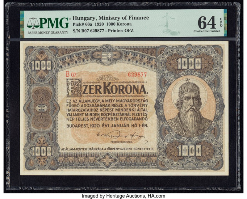 Hungary State Note of the Ministry of Finance 1000 Korona; 2; 5 Forint 1920; ND ...