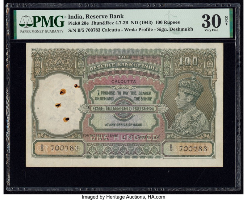 India Reserve Bank of India 100 Rupees ND (1943) Pick 20e Jhun4.7.2B PMG Very Fi...