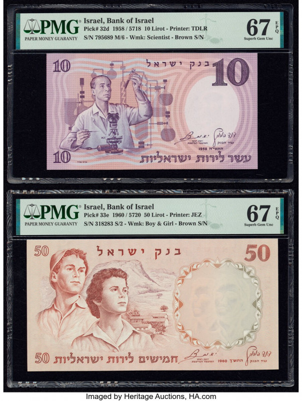 Israel Bank of Israel 10; 50 Lirot 1958; 1960 Pick 32d; 33e Two examples PMG Sup...