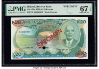 Malawi Reserve Bank of Malawi 20 Kwacha 1.3.1986 Pick 22s Specimen PMG Superb Gem Unc 67 EPQ. Red Specimen & TDLR overprints along with one POC.

HID0...