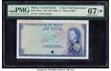 Malta Central Bank of Malta 1 Pound 1967 (ND 1969) Pick 29cts Color Trial Specimen PMG Superb Gem Unc 67 EPQ S. Red Specimen overprints and one POC ar...