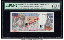 Mauritania Banque Centrale de Mauritanie 100 Ouguiya 1975 Pick 3As Specimen PMG Superb Gem Unc 67 EPQ. Red Specimen & TDLR overprints along with two P...