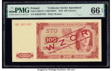 Poland Polish National Bank 100 Zlotych 1948 Pick 139CS1 Collector Series Specimen PMG Gem Uncirculated 66 EPQ. A red WZOR overprint are visible on th...