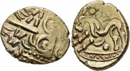 BRITAIN. Corieltauvi. Uninscribed, circa 50-30 BC. Stater (Gold, 20 mm, 6.16 g, 9 h), North East Coast (Corieltauvian B) type. Devolved laureate head ...