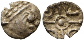 NORTHEAST GAUL. Treveri. Circa 130-120 BC. Obol (Silver, 8 mm, 0.25 g), 'Donnersberg' type. Celticized male head to right. Rev. Cross with central ann...