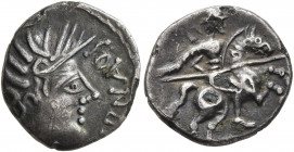 SOUTHERN GAUL. Allobroges. Circa 61-40 BC. Quinarius (Subaeratus, 15 mm, 1.44 g, 8 h), Durnacos. [DV]RNAOS (sic!) Head ot Athena to right, wearing win...