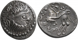 MIDDLE DANUBE. Uncertain tribe. 2nd-1st centuries BC. Tetradrachm (Silver, 24 mm, 10.25 g, 3 h), 'Kapostal' type. Celticized laureate head of Zeus to ...