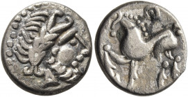 MIDDLE DANUBE. Uncertain tribe. 2nd-1st centuries BC. Drachm (Silver, 15 mm, 2.11 g, 6 h), 'Kugelwange' type. Celticized laureate head of Zeus to righ...
