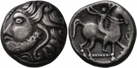 LOWER DANUBE. Uncertain tribe. Circa 2nd century BC. Tetradrachm (Silver, 22 mm, 13.49 g, 2 h), 'Lysimachoskopf' type. Celticized bearded head to left...