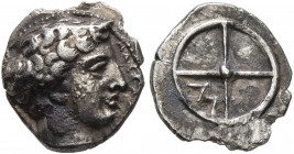 GAUL. Massalia. Circa 410-380 BC. Obol (Silver, 10 mm, 0.77 g). MAΣΣAΛ[IΩT-AN] Horned head of Lakydon to right. Rev. Wheel of four spokes; M in one qu...
