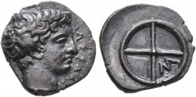 GAUL. Massalia. Circa 410-380 BC. Obol (Silver, 10 mm, 0.78 g). MAΣΣAΛI Horned head of Lakydon to right. Rev. Wheel of four spokes; M in one quarter. ...
