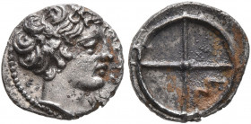 GAUL. Massalia. Circa 410-380 BC. Obol (Silver, 9 mm, 0.53 g). MAΣΣAΛI Horned head of Lakydon to right. Rev. Wheel of four spokes; M in one quarter. C...