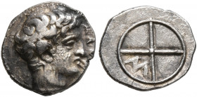 GAUL. Massalia. Circa 410-380 BC. Obol (Silver, 10 mm, 0.80 g). MAΣ[ΣAΛI] Horned head of Lakydon to right. Rev. Wheel of four spokes; M in one quarter...