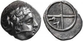 GAUL. Massalia. Circa 410-380 BC. Obol (Silver, 10 mm, 0.81 g). Horned head of Lakydon to right. Rev. Wheel of four spokes; M in one quarter. Chevillo...