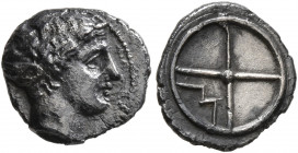GAUL. Massalia. Circa 410-380 BC. Obol (Silver, 10 mm, 0.65 g). Horned head of Lakydon to right. Rev. Wheel of four spokes; M in one quarter. Chevillo...