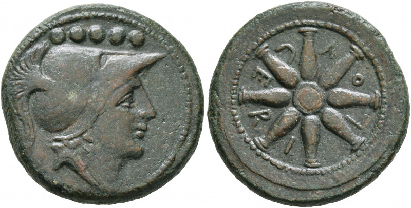 APULIA. Luceria. Circa 211-200 BC. Quincunx (Bronze, 25 mm, 14.20 g). Head of At...