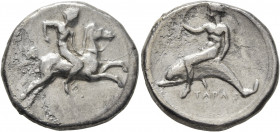 CALABRIA. Tarentum. Circa 400-390 BC. Didrachm or Nomos (Silver, 22 mm, 7.42 g, 7 h). Nude youth on horse galloping to right, holding whip in his righ...