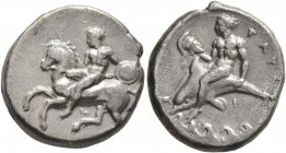 CALABRIA. Tarentum. Circa 344-340 BC. Didrachm or Nomos (Silver, 21 mm, 7.91 g, 10 h). Nude youth on horseback left, holding bridles in his right hand...